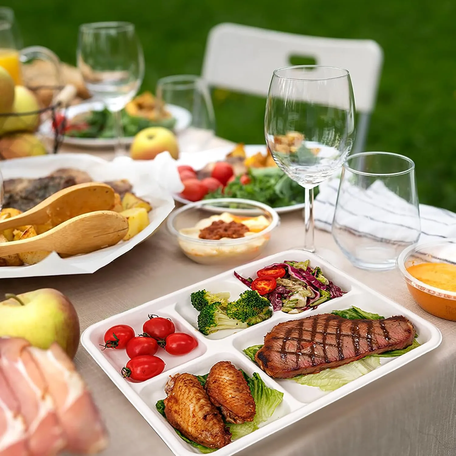 WELLIFE 100% Compostable 5 Compartment Paper Plates, 10.25 * 8.25 Inch 125 Pack Heavy Duty Divided Disposable School Lunch Trays, Eco-Friendly Bagasse Plates for Boys, Girls and Youth (BPA Free)
