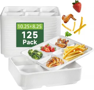 WELLIFE 100% Compostable 5 Compartment Paper Plates, 10.25 * 8.25 Inch 125 Pack Heavy Duty Divided Disposable School Lunch Trays, Eco-Friendly Bagasse Plates for Boys, Girls and Youth (BPA Free)