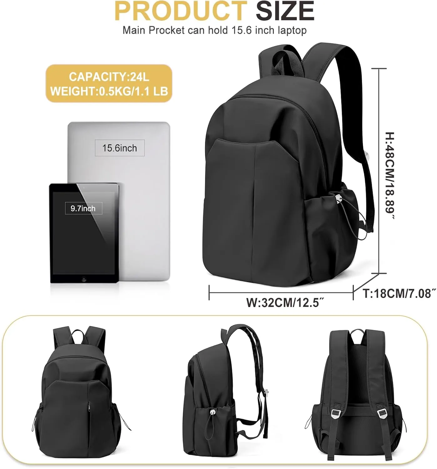 weradar Black Backpacks For School Waterproof Simple School Bag Casual College Backpack For Women Men Middle School Backpack Aesthetic Bookbag For Girls Boys