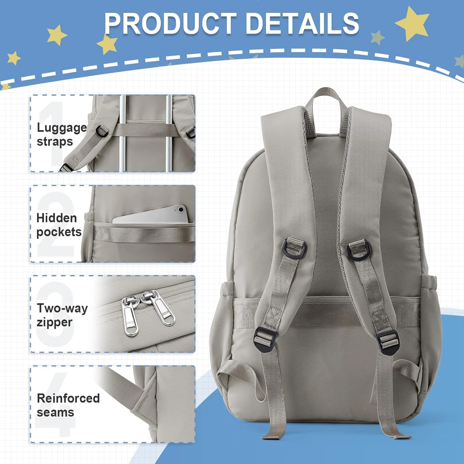 weradar School Backpack For Women Men, Lightweight Casual Daypack College Backpacks, Aesthetic Students Bookbag, Backpack With Lots Of Pockets,Cute High School Bag For Boys Girls(Gray Brown)