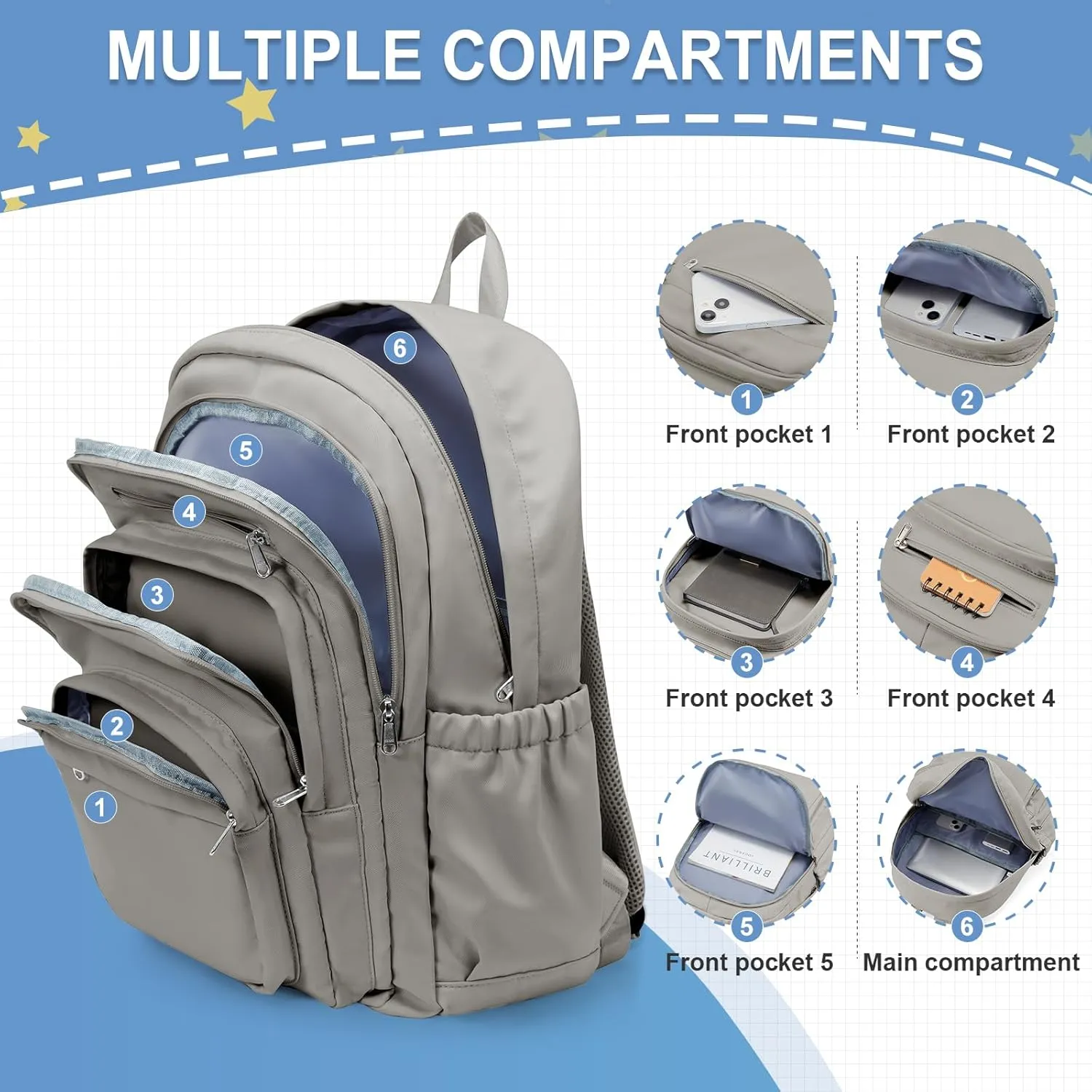 weradar School Backpack For Women Men, Lightweight Casual Daypack College Backpacks, Aesthetic Students Bookbag, Backpack With Lots Of Pockets,Cute High School Bag For Boys Girls(Gray Brown)