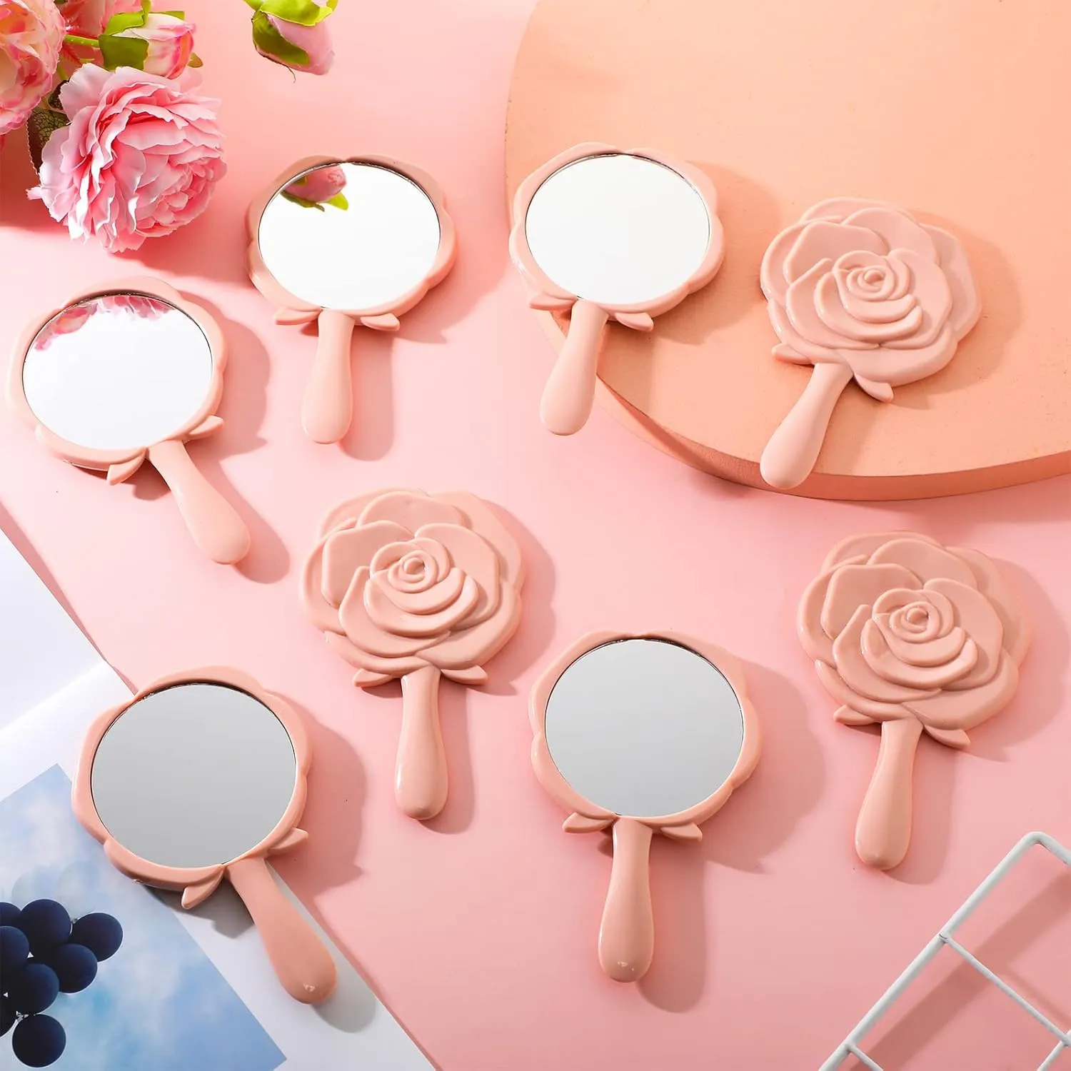Wesiti 36 Pcs Handheld Compact Rose Design Princess Mirror Portable Makeup Mirror for Girls & Women Princess Party Favors Quinceanera Party Favors (Pink)