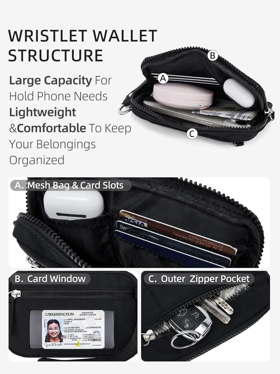 WESTBRONCO Wristlet Wallets for Women Nylon Quilted RFID Wallet with 3 Zipper Purse for Travel