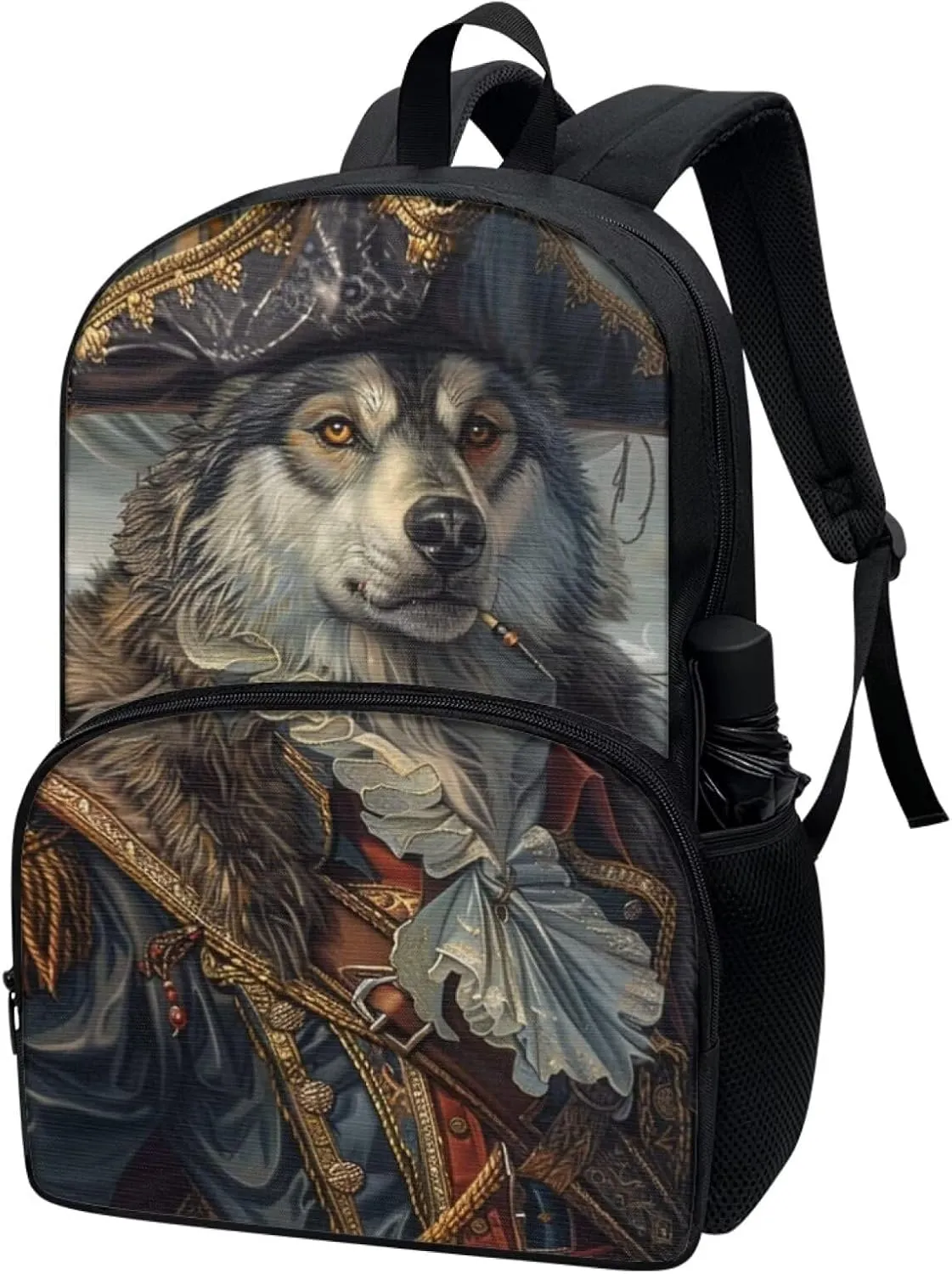 Whimsical Pirate Dog Alaskan Malamute Backpack for Boys Girls Lightweight 17 Inch School Bag with Front Pocket Padded Straps Kids Animal Print Bookbag Student Daypack for School Travel