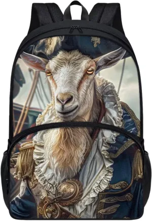 Whimsical Pirate Goat Backpack for Boys Girls Casual Lightweight 17 Inch School Bag with Front Pocket Padded Straps Kids Animal Print Bookbag Student Daypack for School Travel