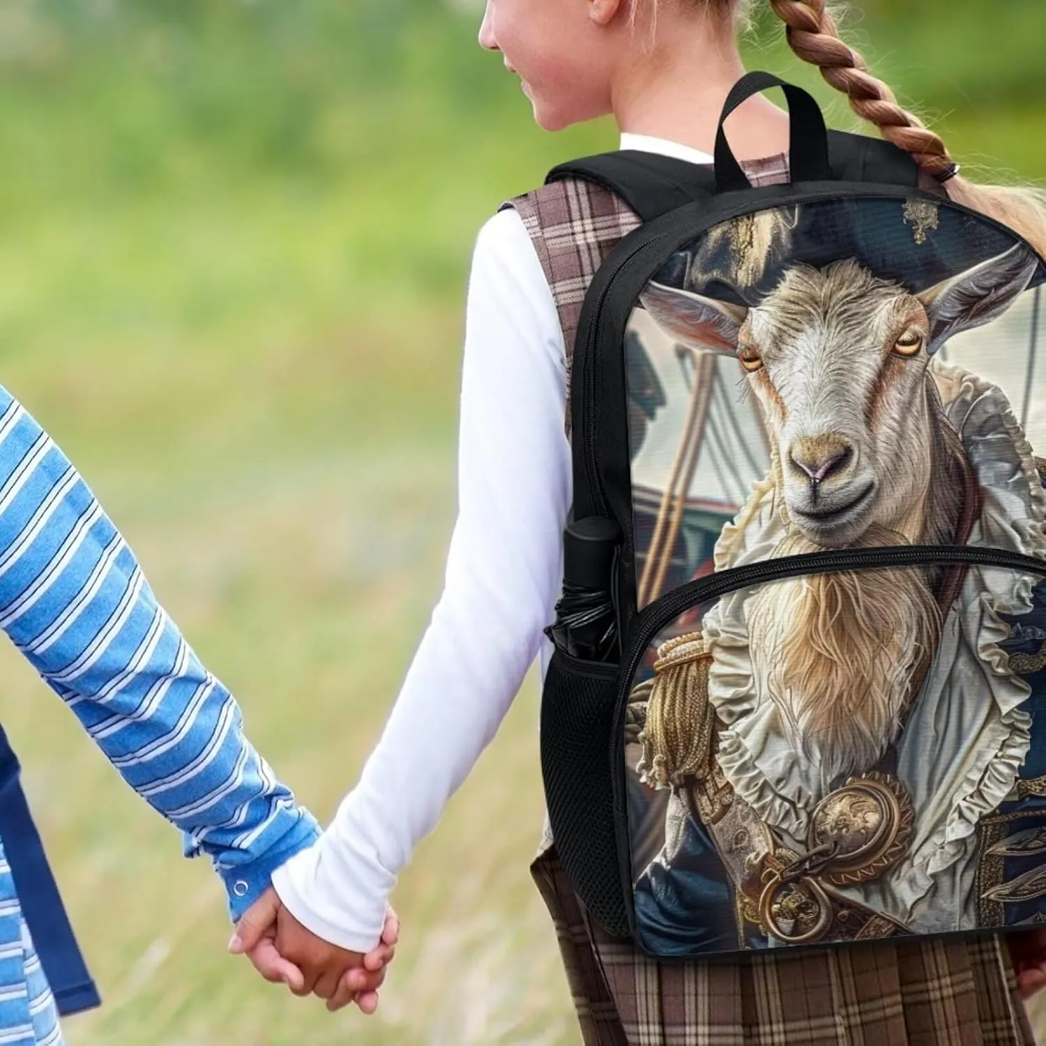 Whimsical Pirate Goat Backpack for Boys Girls Casual Lightweight 17 Inch School Bag with Front Pocket Padded Straps Kids Animal Print Bookbag Student Daypack for School Travel