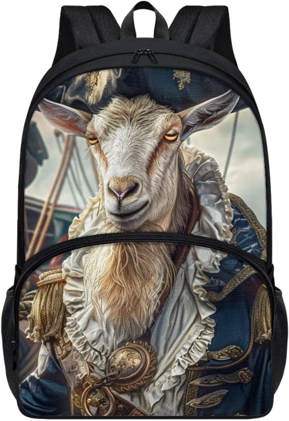 Whimsical Pirate Goat Backpack for Boys Girls Casual Lightweight 17 Inch School Bag with Front Pocket Padded Straps Kids Animal Print Bookbag Student Daypack for School Travel