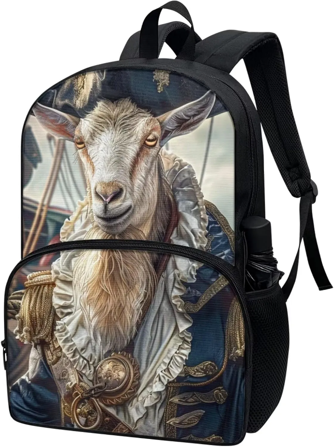 Whimsical Pirate Goat Backpack for Boys Girls Casual Lightweight 17 Inch School Bag with Front Pocket Padded Straps Kids Animal Print Bookbag Student Daypack for School Travel