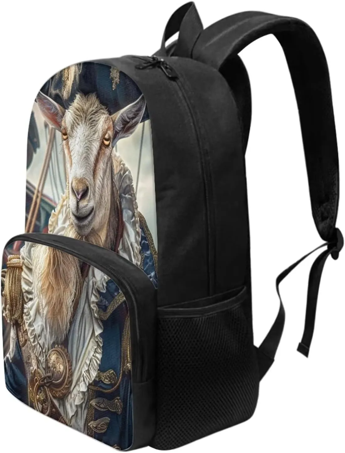Whimsical Pirate Goat Backpack for Boys Girls Casual Lightweight 17 Inch School Bag with Front Pocket Padded Straps Kids Animal Print Bookbag Student Daypack for School Travel