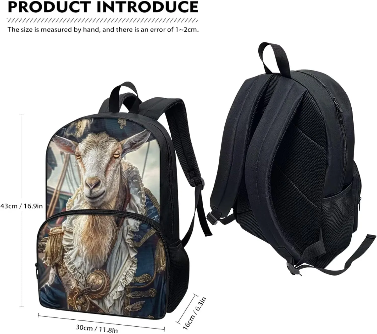 Whimsical Pirate Goat Backpack for Boys Girls Casual Lightweight 17 Inch School Bag with Front Pocket Padded Straps Kids Animal Print Bookbag Student Daypack for School Travel