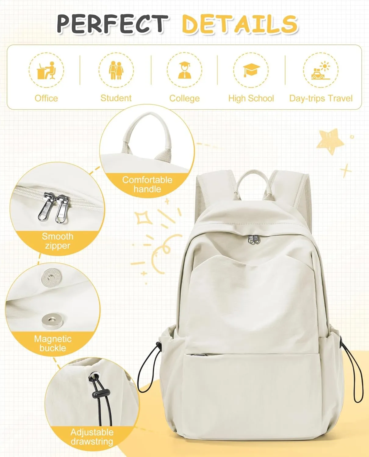 White Backpack for School, Small High School Bookbag Back Pack for Teens Girls Boys, College Backpack Book Bag for Women Men, Mini Simple Casual Daypack Backpack Mochilas Escolares para Adolescentes