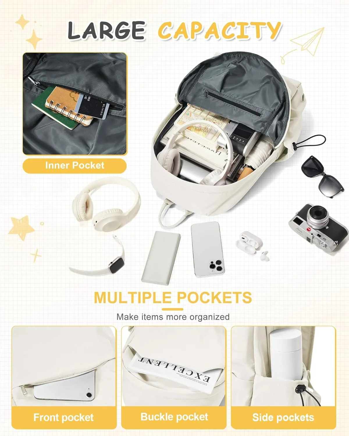 White Backpack for School, Small High School Bookbag Back Pack for Teens Girls Boys, College Backpack Book Bag for Women Men, Mini Simple Casual Daypack Backpack Mochilas Escolares para Adolescentes