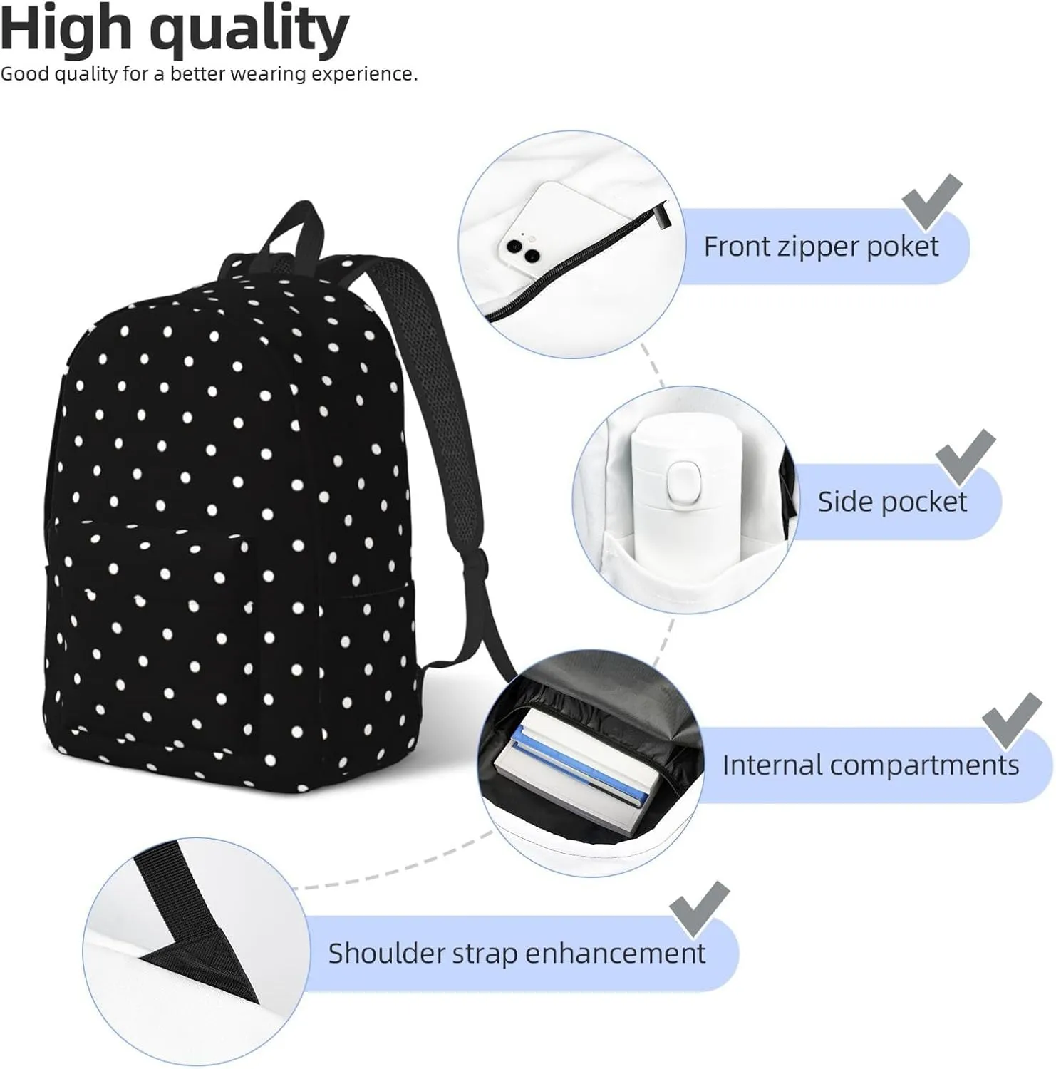 White Dot Pattern print Laptop Backpack for Women Men,Bookbag Casual Daypackfor College Work for Travel Computer