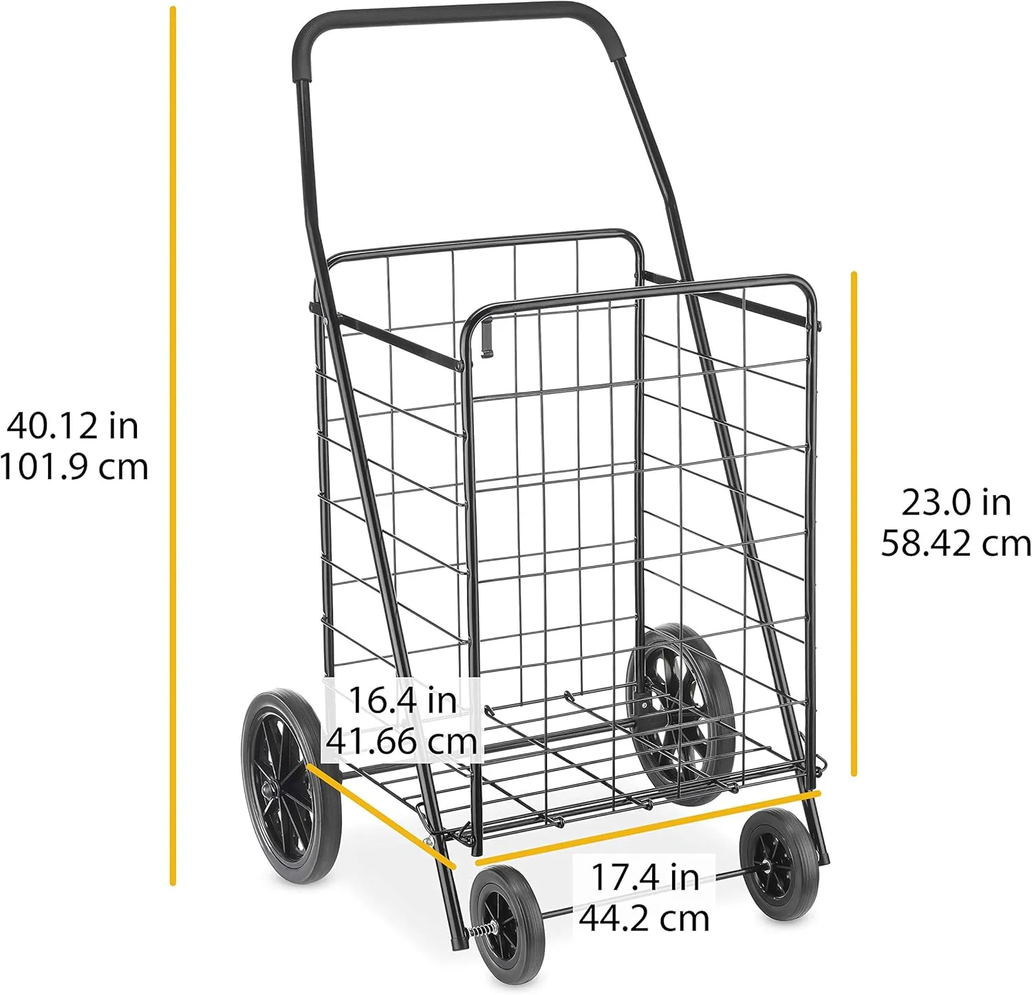 Whitmor Extra Large Utility Foldable Shopping Cart with Wheels, 100 Lb Capacity, Heavy Duty Grocery Cart with Steel Frame, Foam Handle, Rolling Collapsible Utility Trolley for Grocery, Laundry, Black