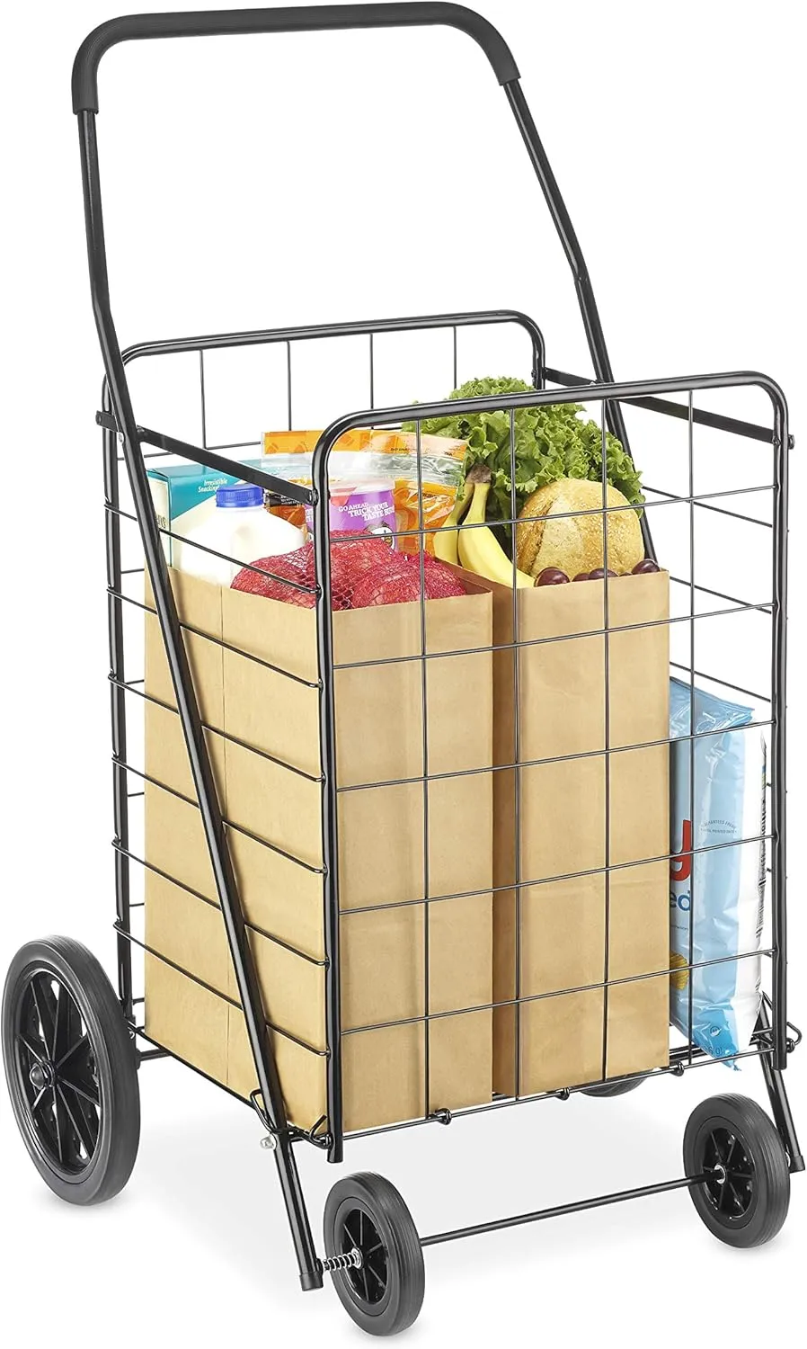 Whitmor Extra Large Utility Foldable Shopping Cart with Wheels, 100 Lb Capacity, Heavy Duty Grocery Cart with Steel Frame, Foam Handle, Rolling Collapsible Utility Trolley for Grocery, Laundry, Black