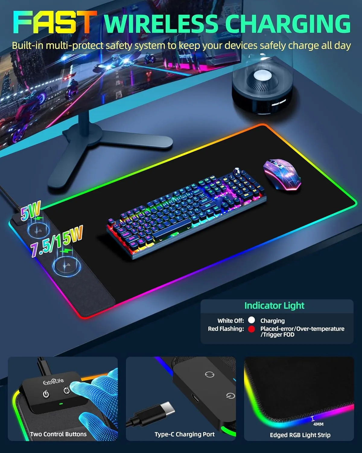 Wireless Charging Mouse Pad, RGB Gaming Mousepad, 31.5"x15.7" Extra Large Desk Pad, 13 Light Modes, Ultra-Smooth Surface, Non-Slip Base, Waterproof Computer Keyboard Mat for MacBook, PC, Laptop, Black