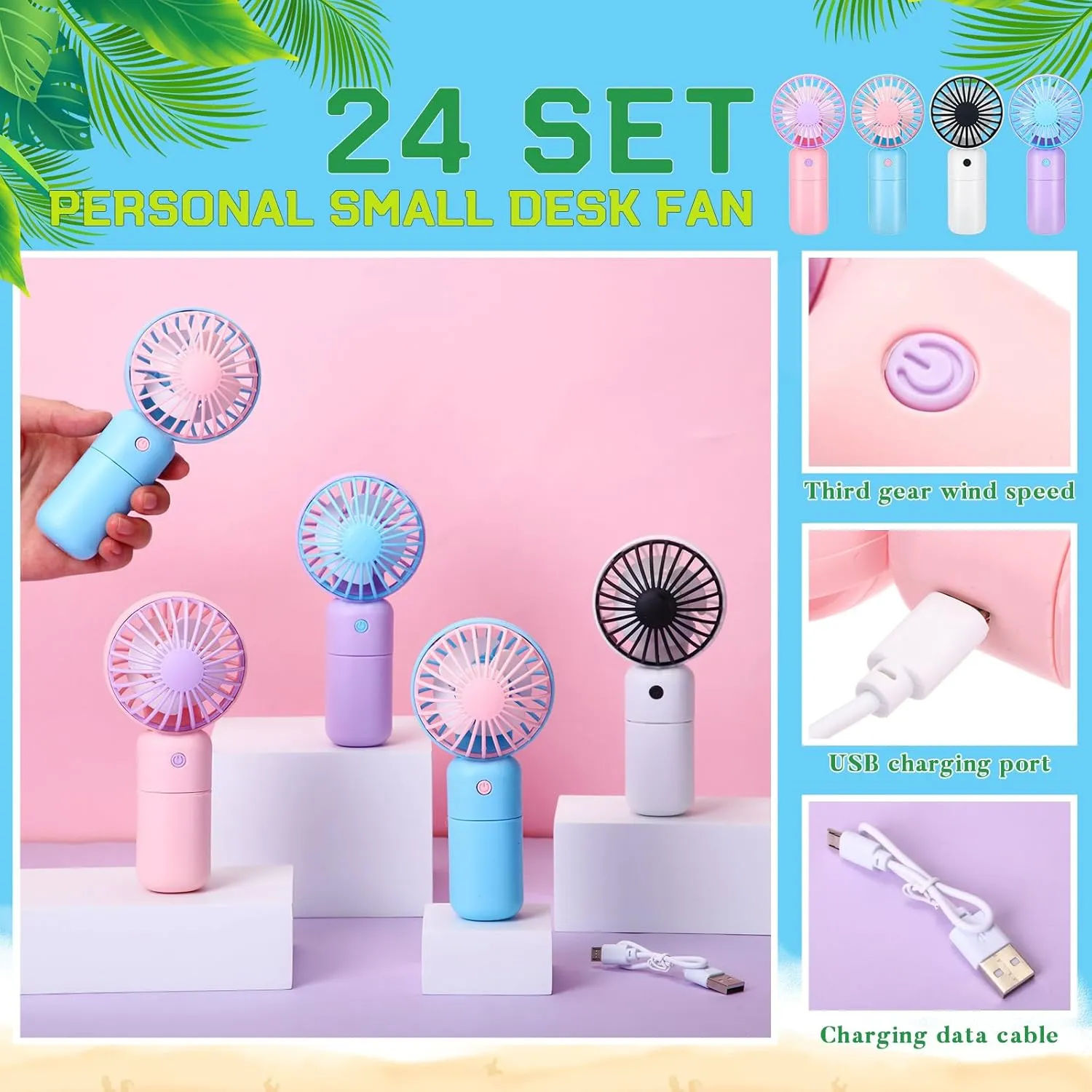 Woanger 24 Pcs Mini Handheld Fan Bulk Small Personal Portable Fan Powerful Eyelash Necklace for Wedding Travel Office Home Easter Party (White, Pink, Blue, Purple,3 Speed)