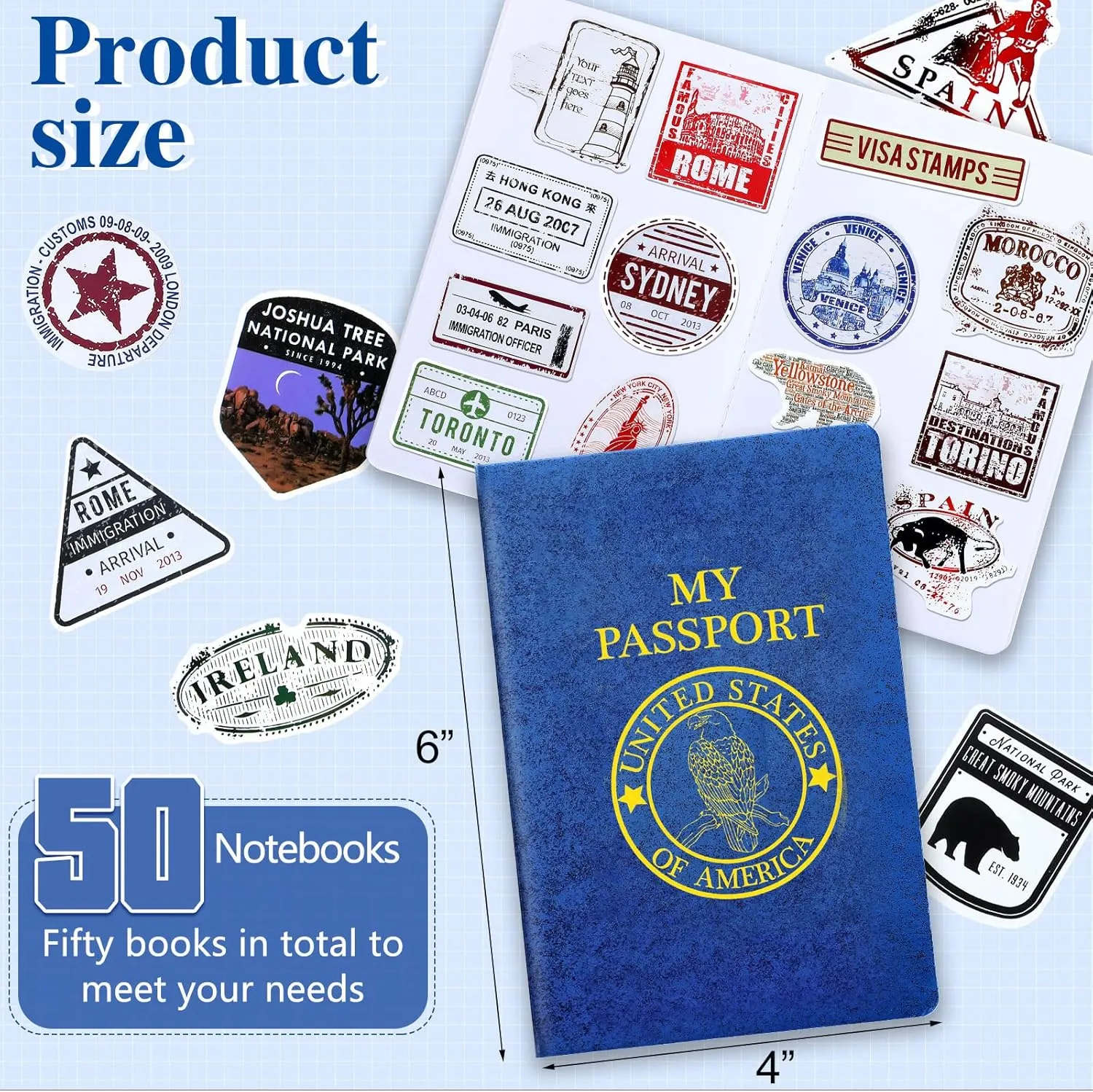 Woanger 50 Pcs Blank Passport Book Blue Passport Notebook Bulk 4 x 5.5 Inch Play Fake Pass Port Travel for Kid Operation World Travel Pretend School Activity (Classic)
