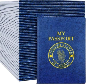 Woanger 50 Pcs Blank Passport Book Blue Passport Notebook Bulk 4 x 5.5 Inch Play Fake Pass Port Travel for Kid Operation World Travel Pretend School Activity (Classic)