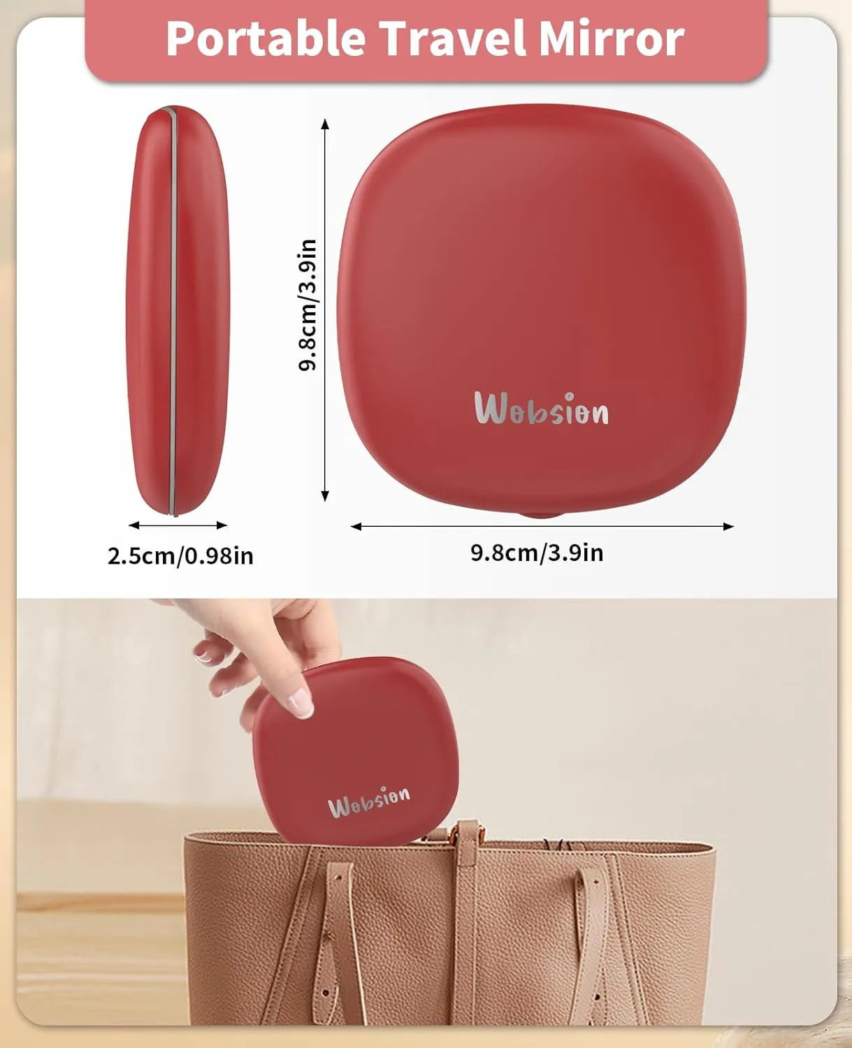 wobsion Travel Mirror with Light, Rechargeable 1x/10x Compact Magnifying Mirror, Dimmable Pocket Mirror,Handheld 2-Side Mirror with Light,4inch Travel Size,Portable for Handbag,Purse,Gift,Red