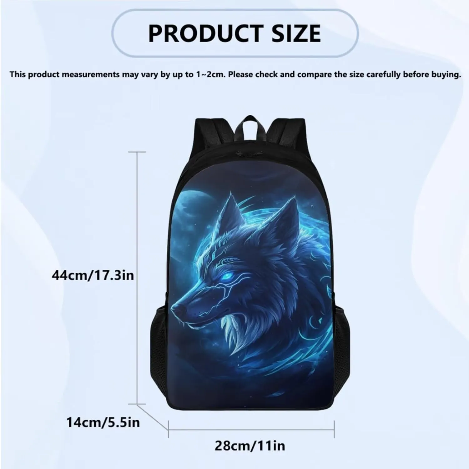 Wolf Backpack for Boys 8-12 Lightweight Blue Bookbags for 6th Grade Kids with Lunch Bag and Insulated Bottle and Bottle Sleeve for Teenager Boys Lightweight Middle School Bag Rucksack