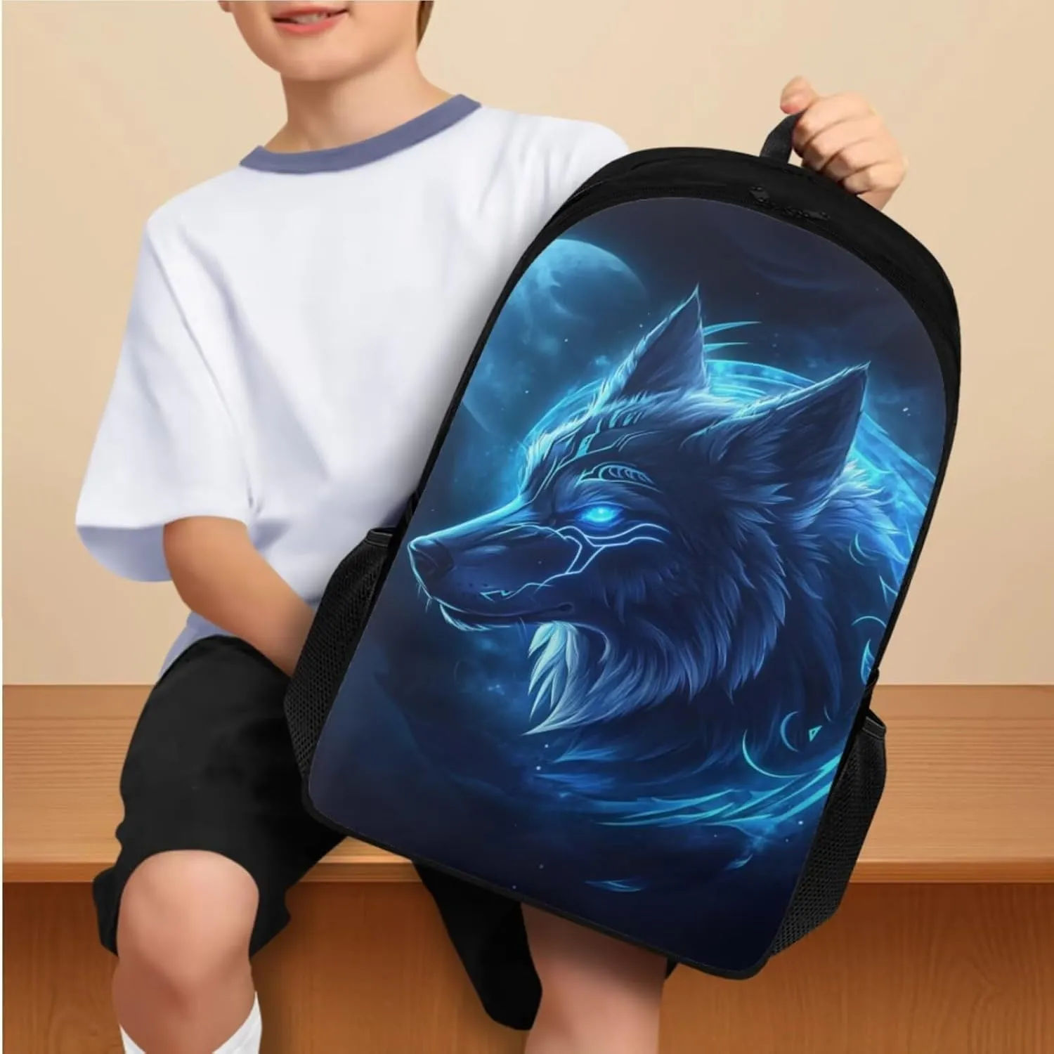 Wolf Backpack for Boys 8-12 Lightweight Blue Bookbags for 6th Grade Kids with Lunch Bag and Insulated Bottle and Bottle Sleeve for Teenager Boys Lightweight Middle School Bag Rucksack