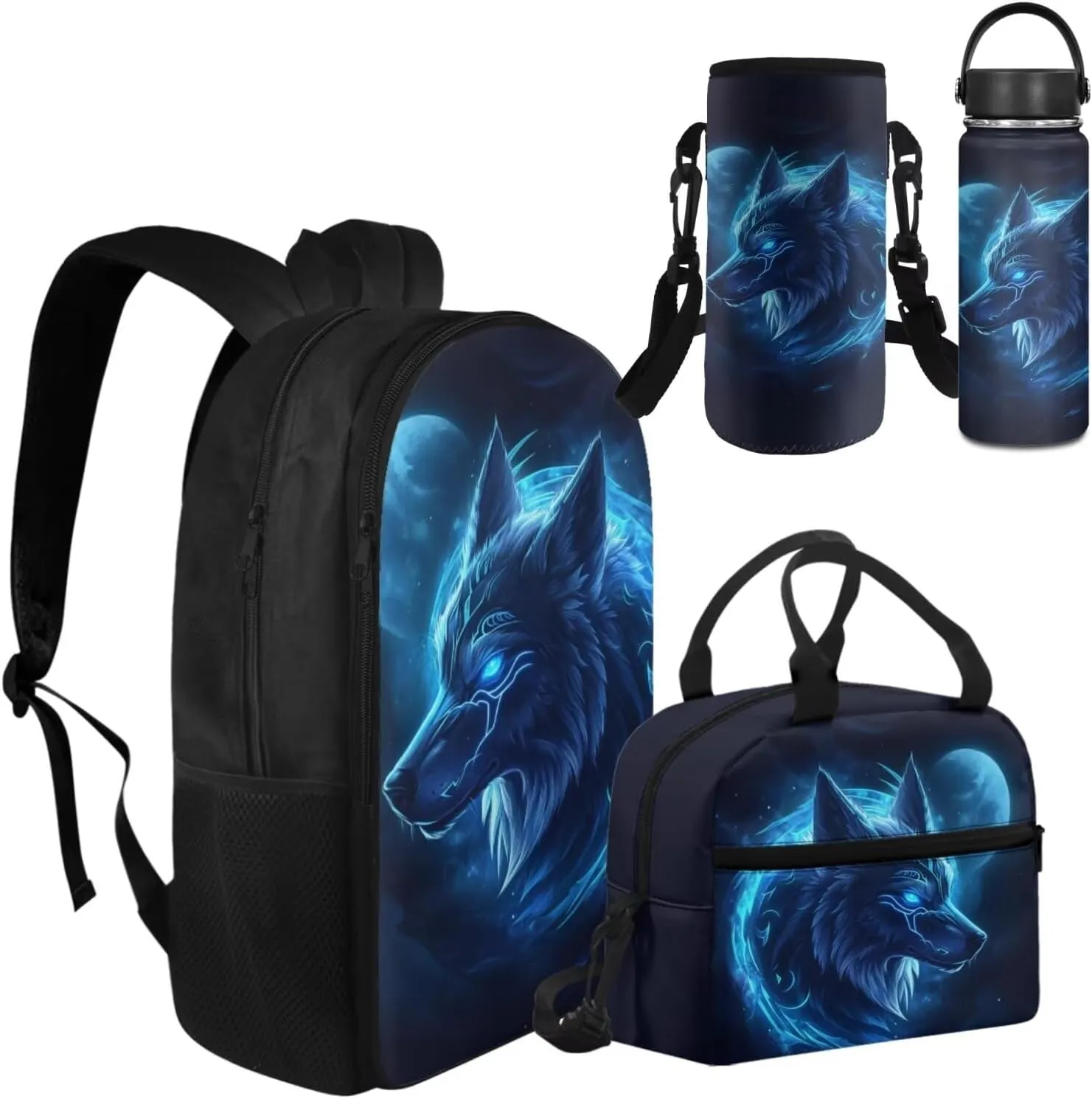 Wolf Backpack for Boys 8-12 Lightweight Blue Bookbags for 6th Grade Kids with Lunch Bag and Insulated Bottle and Bottle Sleeve for Teenager Boys Lightweight Middle School Bag Rucksack