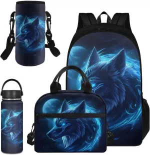 Wolf Backpack for Boys 8-12 Lightweight Blue Bookbags for 6th Grade Kids with Lunch Bag and Insulated Bottle and Bottle Sleeve for Teenager Boys Lightweight Middle School Bag Rucksack