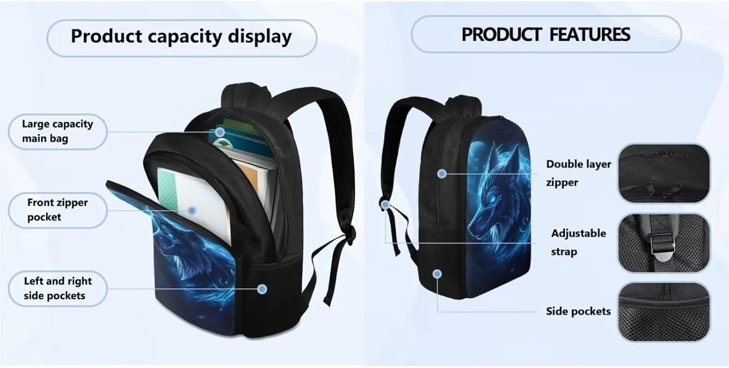 Wolf Backpack for Boys 8-12 Lightweight Blue Bookbags for 6th Grade Kids with Lunch Bag and Insulated Bottle and Bottle Sleeve for Teenager Boys Lightweight Middle School Bag Rucksack