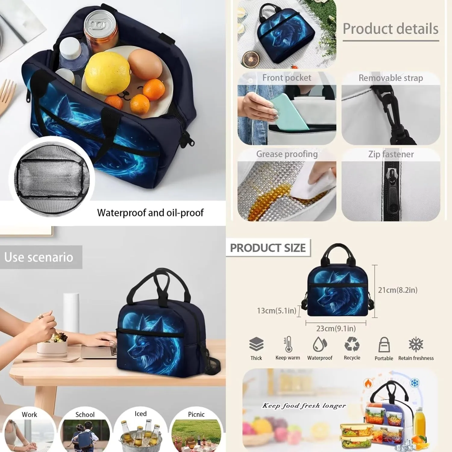 Wolf Backpack for Boys 8-12 Lightweight Blue Bookbags for 6th Grade Kids with Lunch Bag and Insulated Bottle and Bottle Sleeve for Teenager Boys Lightweight Middle School Bag Rucksack