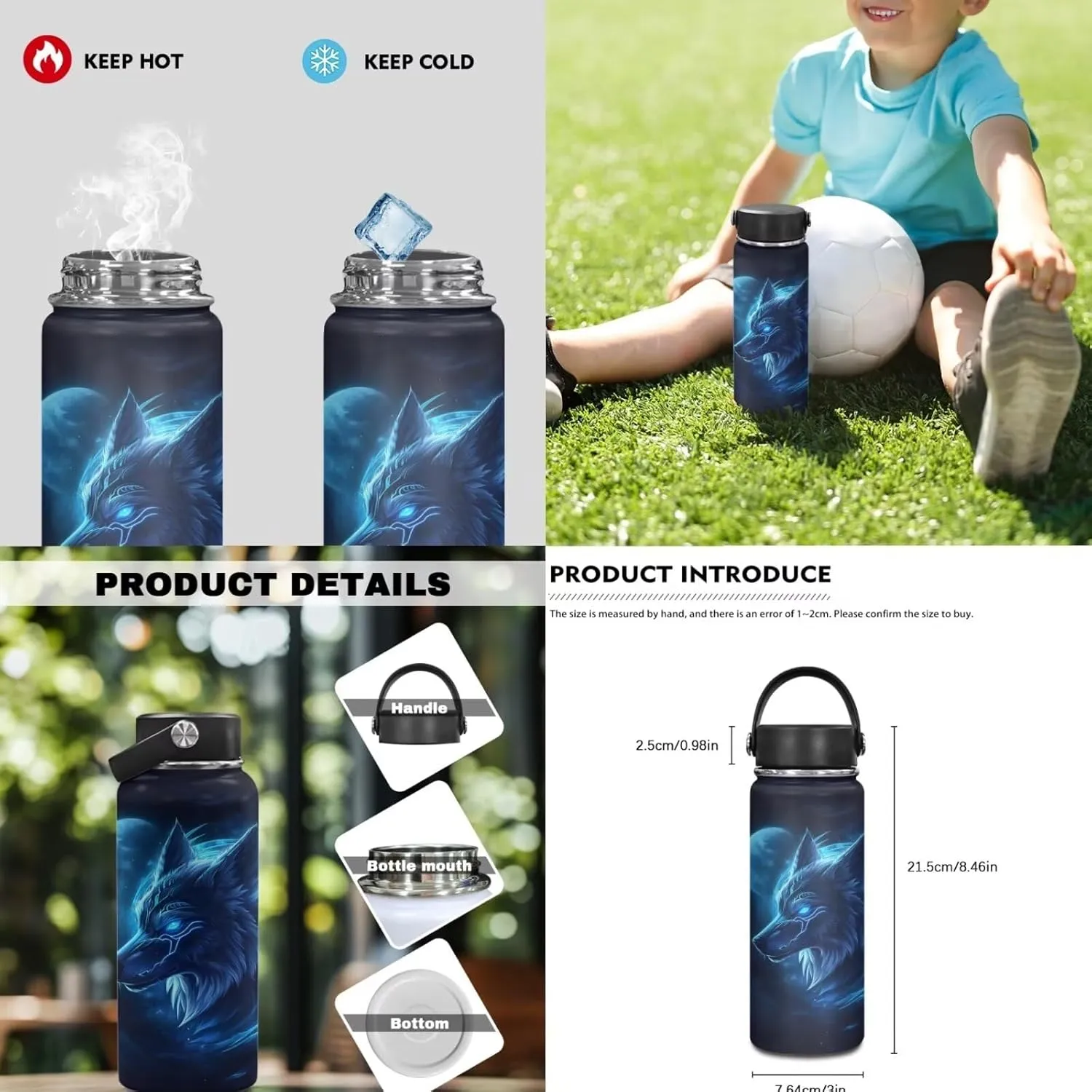 Wolf Backpack for Boys 8-12 Lightweight Blue Bookbags for 6th Grade Kids with Lunch Bag and Insulated Bottle and Bottle Sleeve for Teenager Boys Lightweight Middle School Bag Rucksack