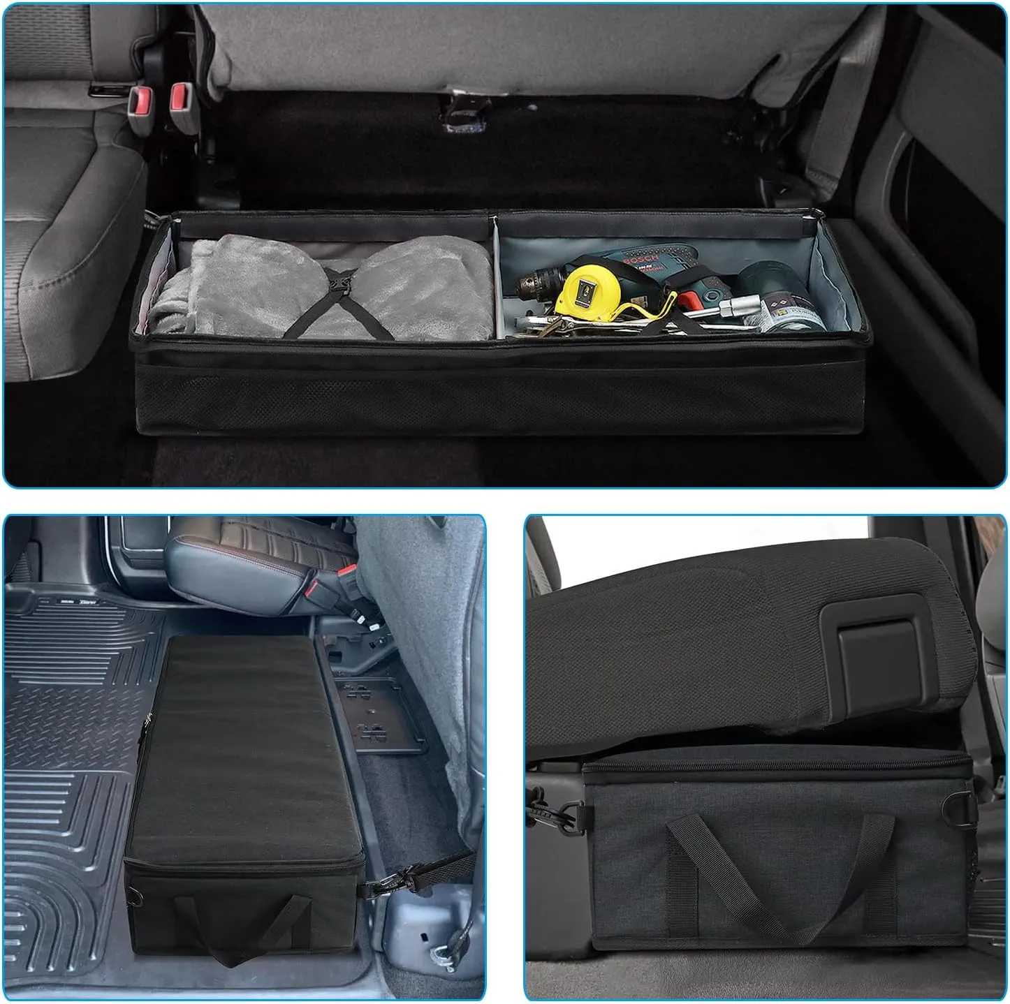 WOMACO Under Seat Storage Truck Tool Box Organizer for Truck, Underseat Storage Bae with Lid for Ford F150 F250 F350 (Black, for Truck Three Seats)