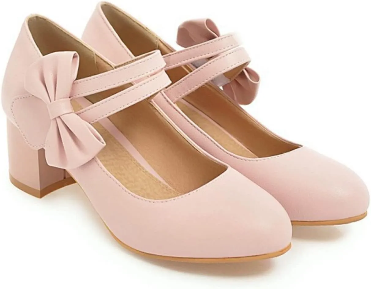 Women Double Strap Round Toe Mary Janes Sweet Bow Chunky Mid Heel Comfort Wedding Dress Pumps Shoes