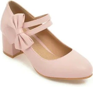 Women Double Strap Round Toe Mary Janes Sweet Bow Chunky Mid Heel Comfort Wedding Dress Pumps Shoes