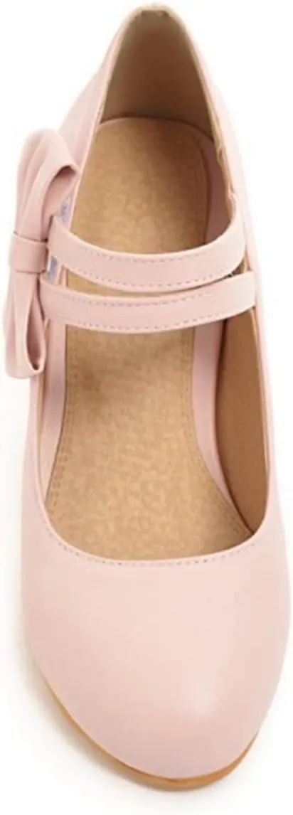 Women Double Strap Round Toe Mary Janes Sweet Bow Chunky Mid Heel Comfort Wedding Dress Pumps Shoes