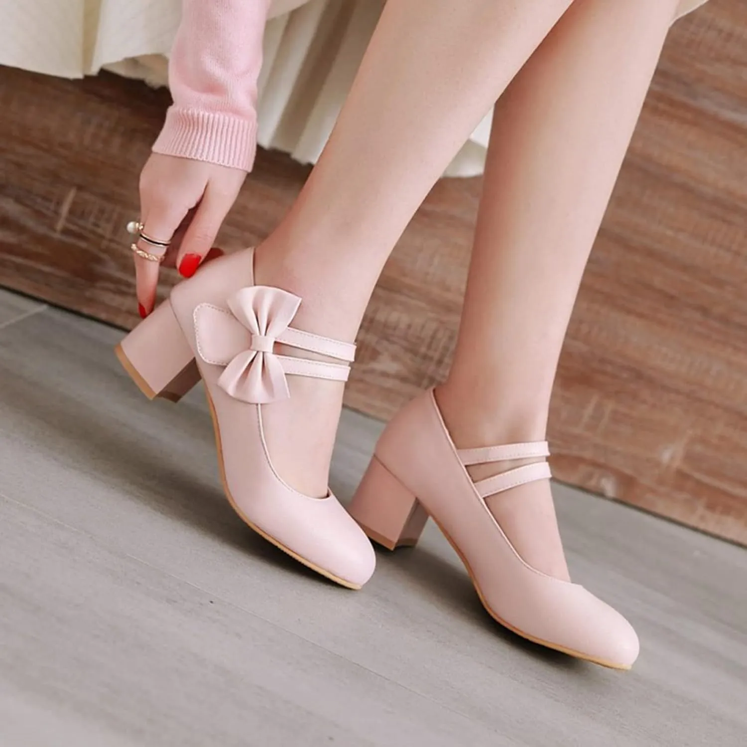 Women Double Strap Round Toe Mary Janes Sweet Bow Chunky Mid Heel Comfort Wedding Dress Pumps Shoes