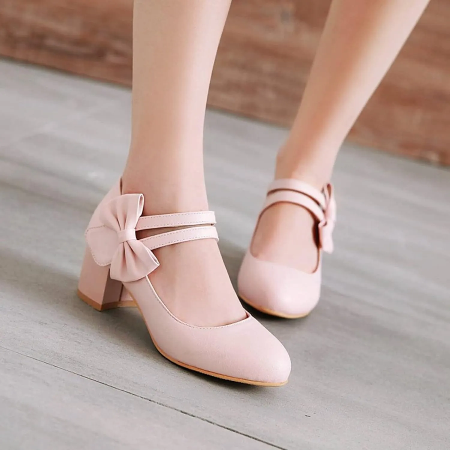 Women Double Strap Round Toe Mary Janes Sweet Bow Chunky Mid Heel Comfort Wedding Dress Pumps Shoes