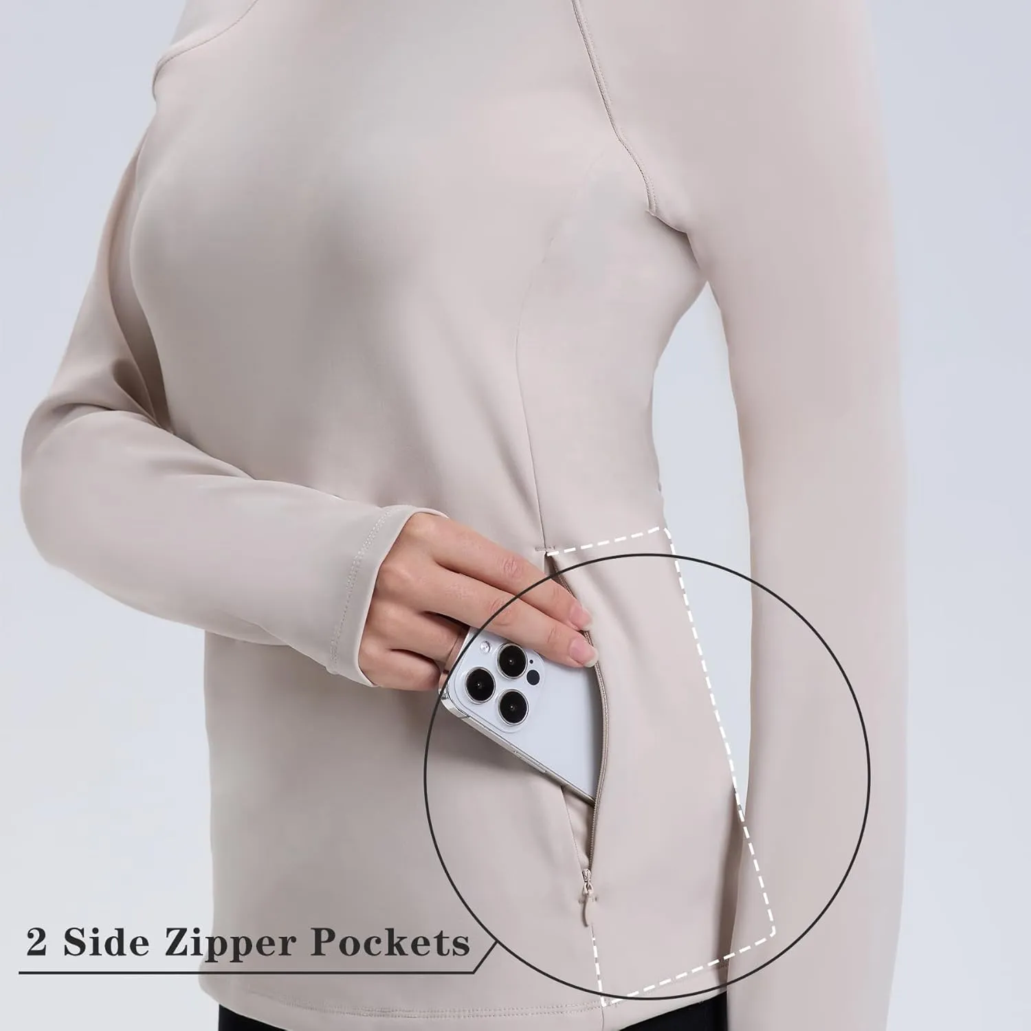 Women Thermal Long Sleeve Fleece Lined Shirts Running Workout Tops Cold Weather Gear Zipper Pockets