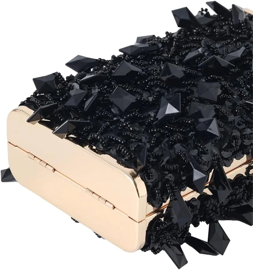 Women's Beaded Dinner Bag Handheld Bag Hard Box Small Square Bag Women's Dress Bag(C)