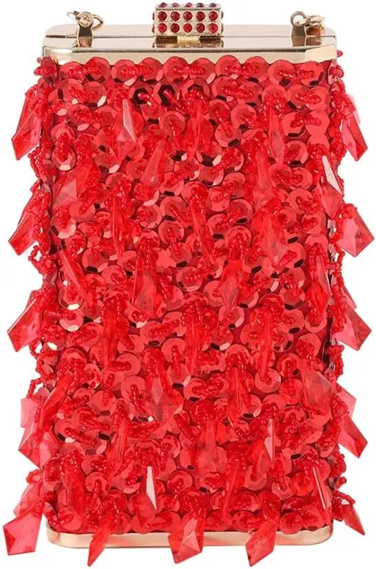 Women's Beaded Dinner Bag Handheld Bag Hard Box Small Square Bag Women's Dress Bag(C)
