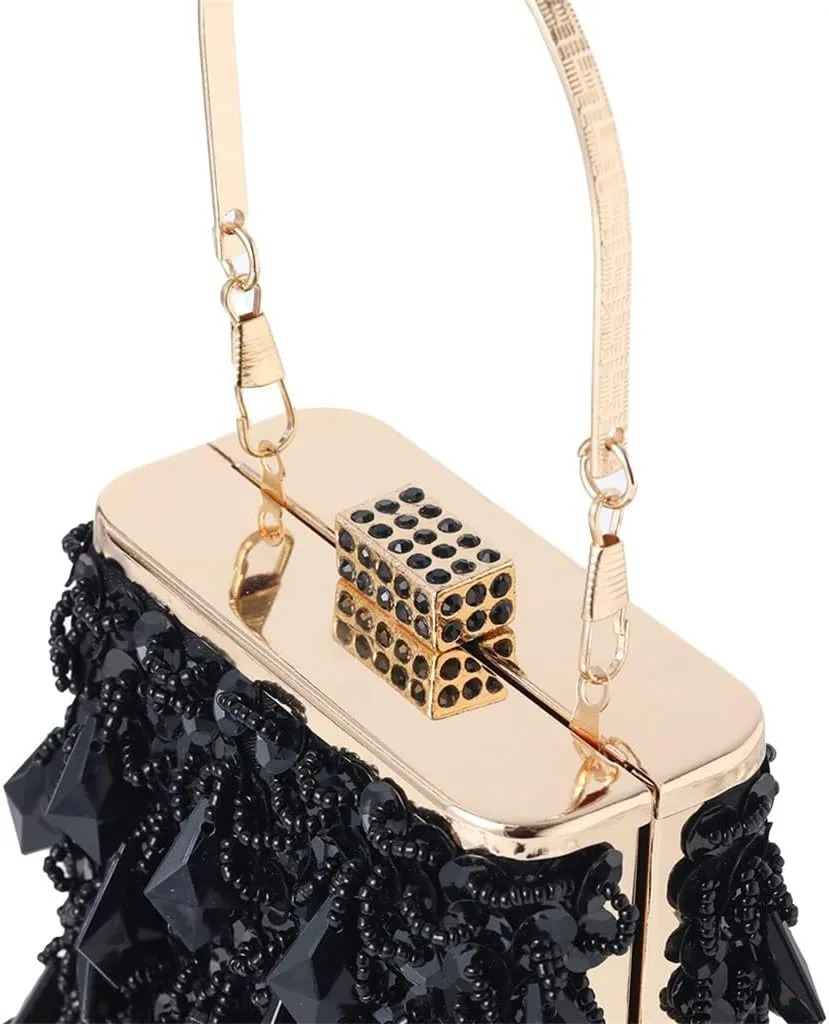Women's Beaded Dinner Bag Handheld Bag Hard Box Small Square Bag Women's Dress Bag(C)