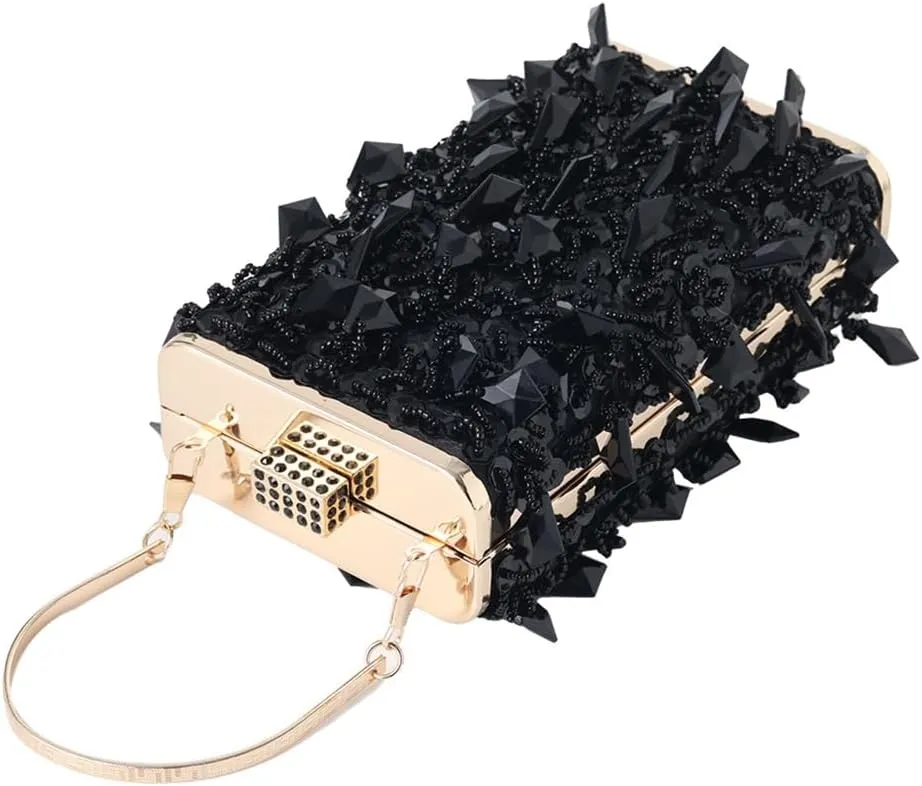 Women's Beaded Dinner Bag Handheld Bag Hard Box Small Square Bag Women's Dress Bag(C)
