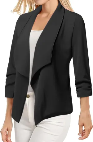 Womens Casual Blazer Lightweight 3/4 Sleeves Short Open Front Office Jacket