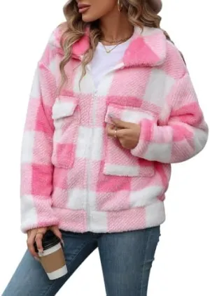 Womens Fleece Sherpa Jackets Fall Winter Full Zip Plaid Coat with Pocket