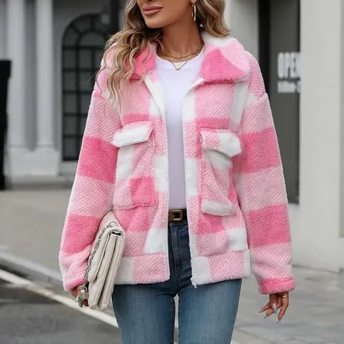 Womens Fleece Sherpa Jackets Fall Winter Full Zip Plaid Coat with Pocket