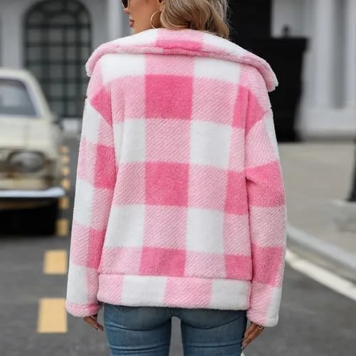 Womens Fleece Sherpa Jackets Fall Winter Full Zip Plaid Coat with Pocket