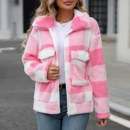 Womens Fleece Sherpa Jackets Fall Winter Full Zip Plaid Coat with Pocket