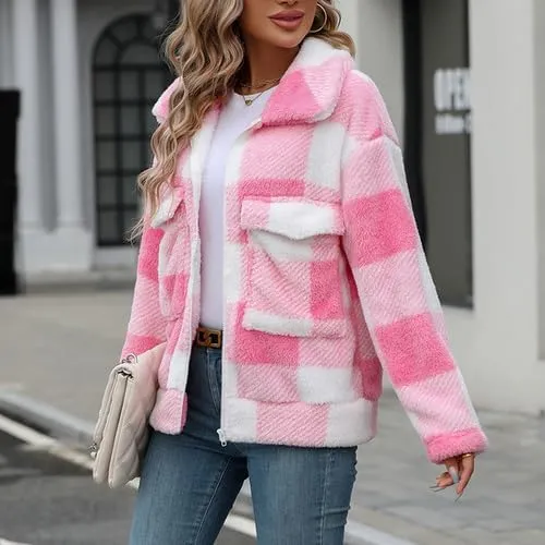 Womens Fleece Sherpa Jackets Fall Winter Full Zip Plaid Coat with Pocket