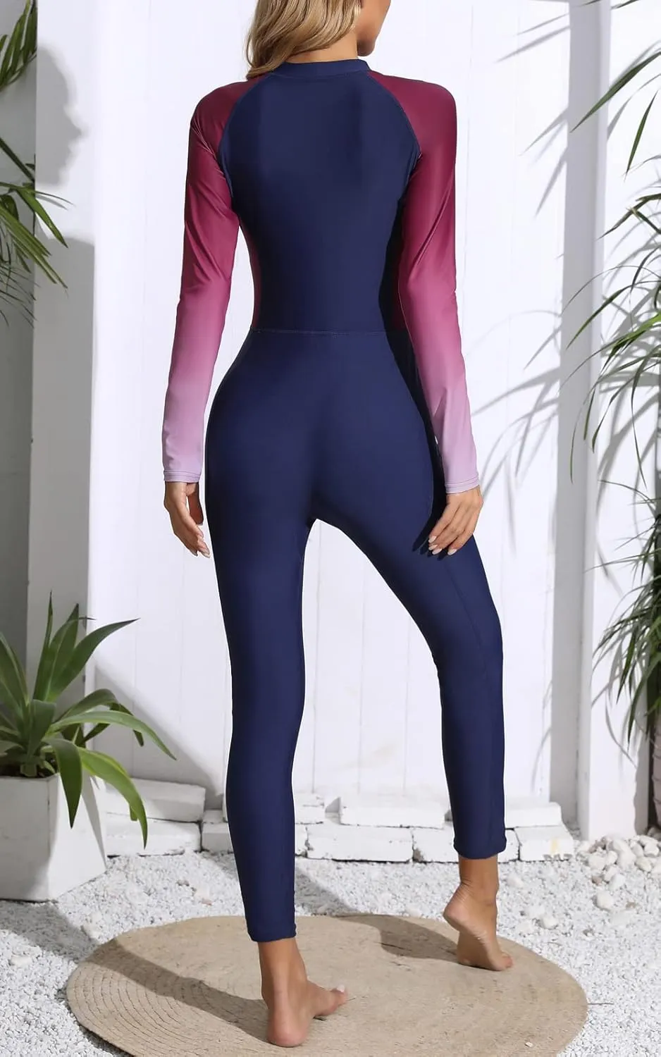 Womens Full Body Zip Front Rash Guard Long Sleeve One Piece Bathing Suit with Built in Bra UPF50  Surf Swimsuit