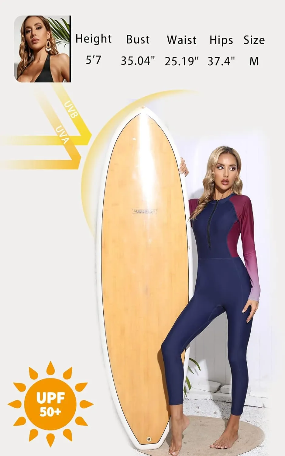 Womens Full Body Zip Front Rash Guard Long Sleeve One Piece Bathing Suit with Built in Bra UPF50  Surf Swimsuit